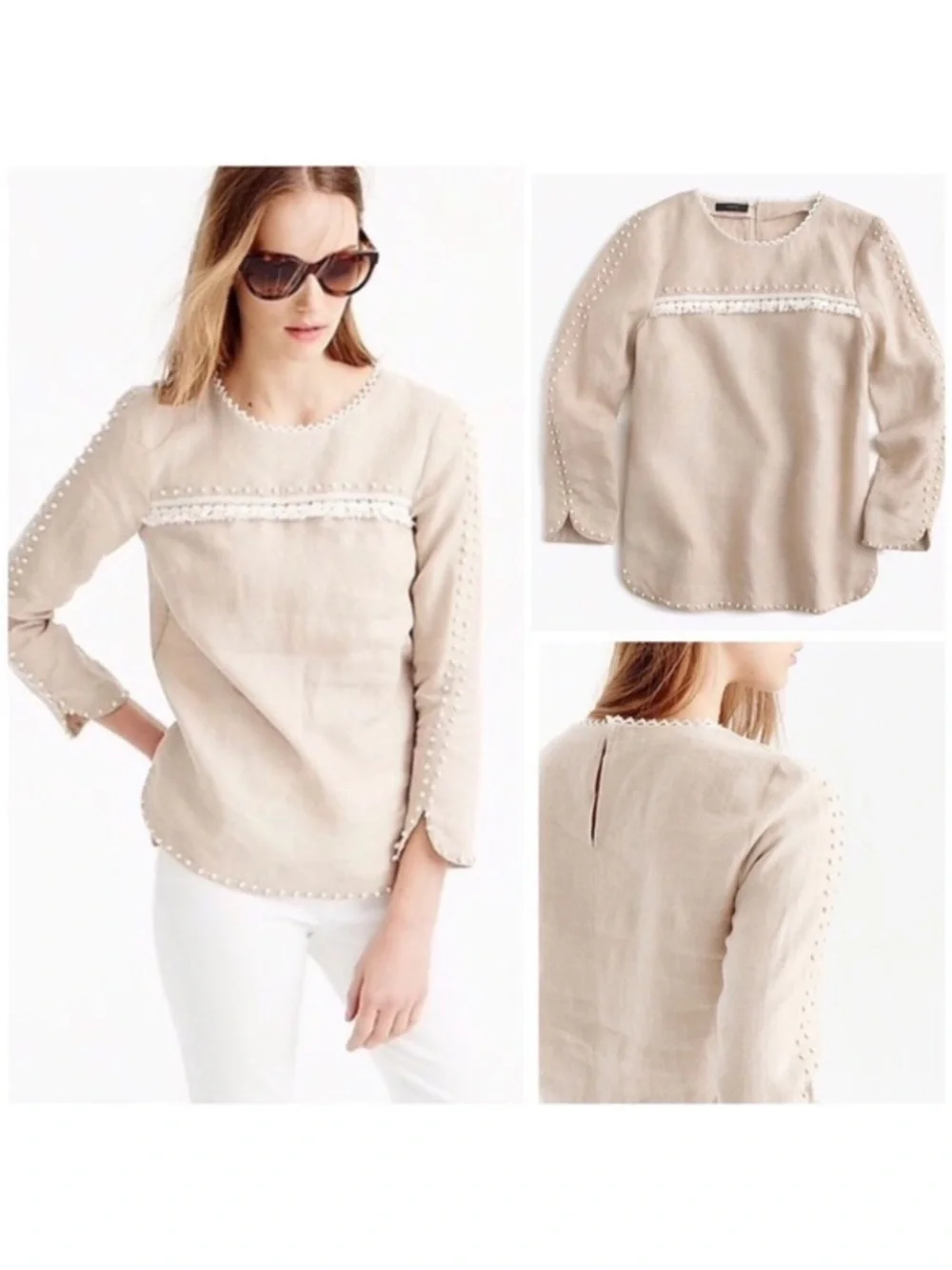 J.Crew Linen Pom-Pom Fringe Long Sleeve Blouse